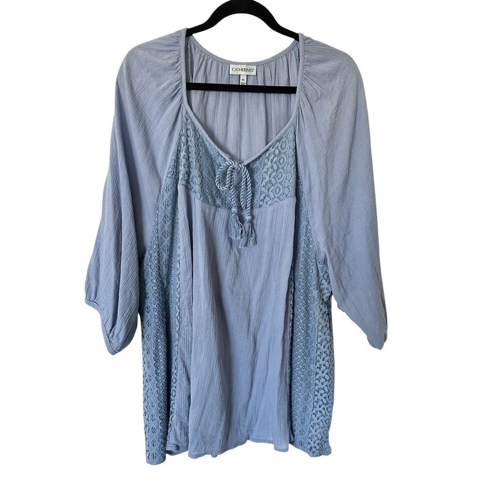 Catherines Women's Blouse Blue Lace‎ Boho Peasant Cottagecore Plus Size 4X